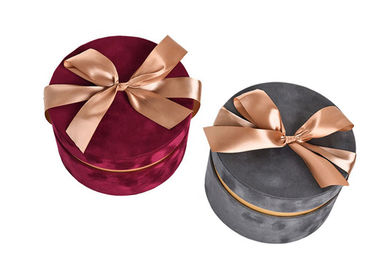 Round Glitter Velvet Jewelry Box , Suede Gift Box Stamping Logo With Top Ribbon supplier