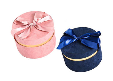 Round Glitter Velvet Jewelry Box , Suede Gift Box Stamping Logo With Top Ribbon supplier