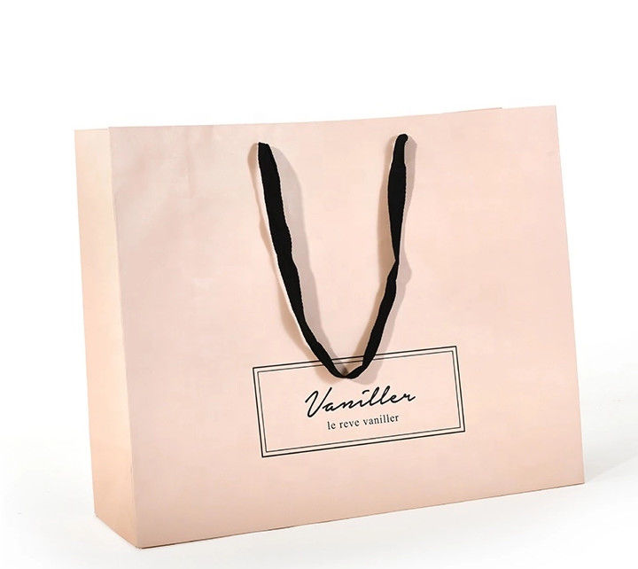 Flat Cotton Handle Custom Design Paper Bags , Printed Paper Shopping Bags Pink Color supplier