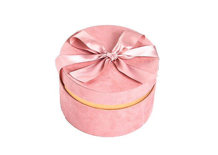 Round Glitter Velvet Jewelry Box , Suede Gift Box Stamping Logo With Top Ribbon supplier