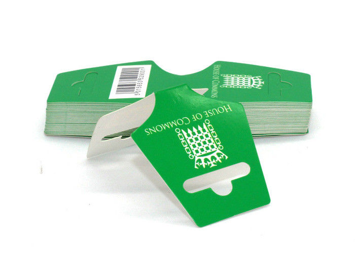 Green Color Fluorescent Folded Swing Tags , Double Sided Product Hang Tags supplier